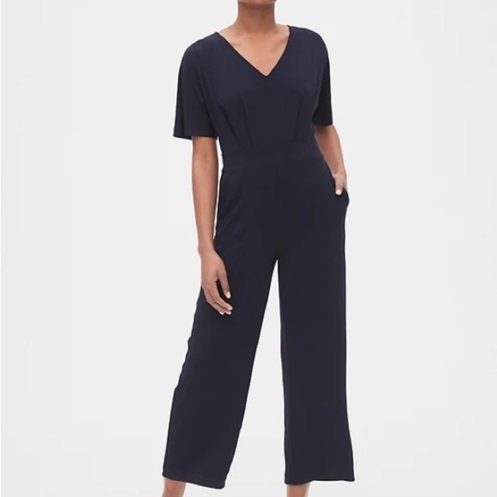Gap V-Neck Kimono Short Sleeve Wide Leg Jumpsuit Navy Blue Womens 0‎